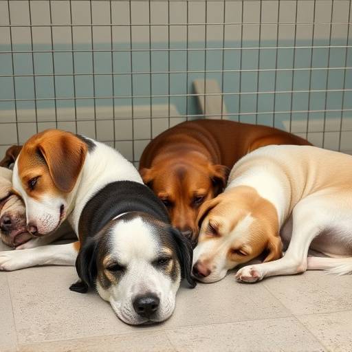 A group of dogs of various breeds resting comfortably during nap time in daycare.